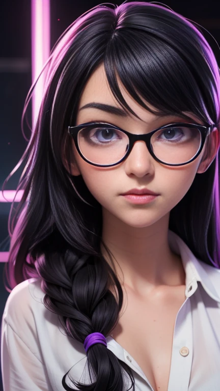 (anime art of A 18-Year-Old girl with long black hair and neon purple eyes. She wears glasses, with round lenses, and she's wearing a simple oversized hoodie and a pair of black leggings.. Behind her is a black background:1.2), masterpiece, 4K, Best quality, anime art, example