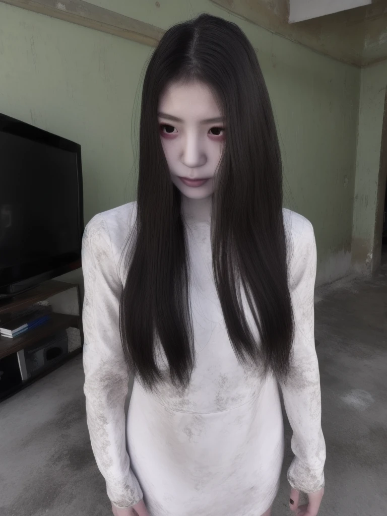 Sadako,  long black hair, facing viewer,  pale skin, hair over eyes,
White dress, long sleeves ,dirty clothes,     
solo, standing,  short, 
dark room, large TVs,    
(insanely detailed, beautiful detailed face, masterpiece, best quality)  