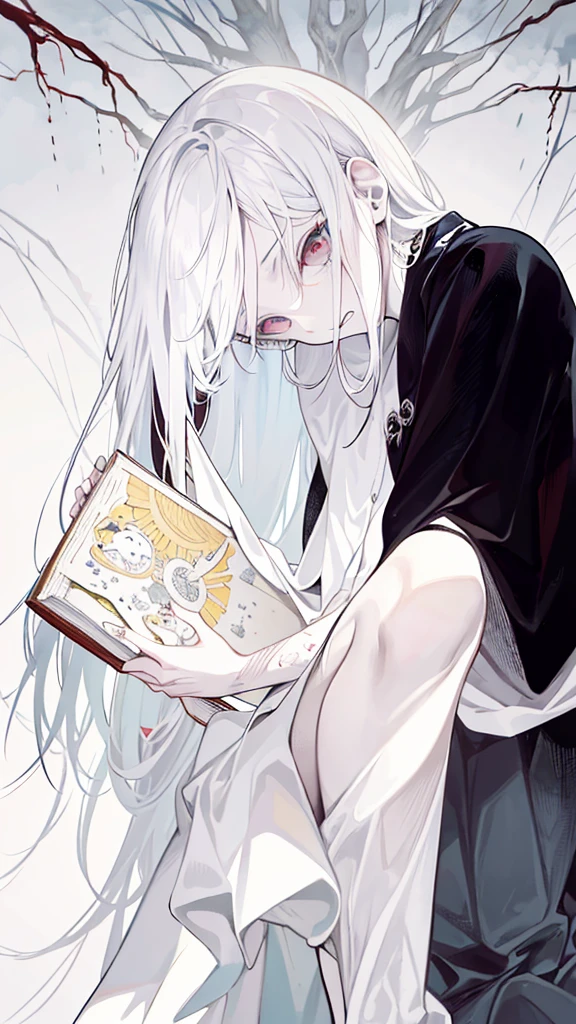 Kamimei，tmasterpiece, HighestQuali, (solofocus), (face perfect:1.1), (high detal:1.1),dramatics, 1人, (Silvery-white skin), Long white hair, hair glowing，White eyes, [Light eyebrows], Solo, musculature，fluttery，long whitr hair，Silver skin，Matte textured skin