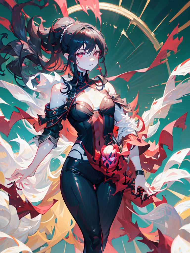 ((masterpiece)), ((super detailed)), Beautiful, beautify, super pretty, ((pale skin)), pale, white skin, (pointy ears), (red eyes), (black hair), (ponytail), web motif, spider webs, spider web design, black and white bodysuit, bare shoulders, white top, ((cleavage)), amused, black shawl, off shoulder shawl, bare shoulders, earrings, solo, ((solo)), mature woman, ((adult)), mature, age 30, (mature), dramatic lighting, grown up, adult, ((mature)), ((mother)), ((adult)), adult, (grown up), fashionable, (tight white top), black leggings, ((spider web design)), black and white clothes