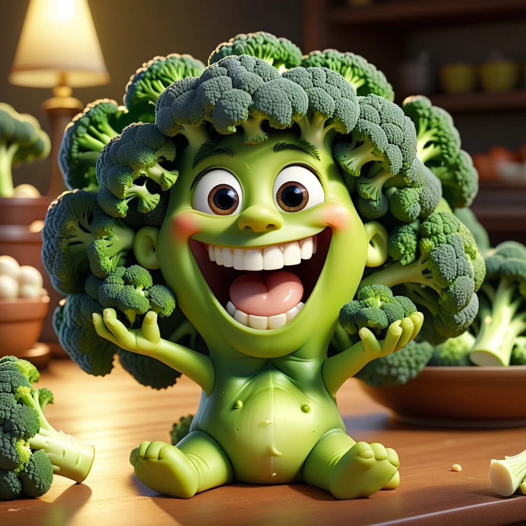 pixar style, a broccoli, as a pixar character, cute, big smile, laughing (best quality), (masterpiece), (best lighting), (high detailed skin:1.0),( detailed eyes), 8k uhd, dslr, soft lighting, best quality, film grain, Fujifilm XT3,