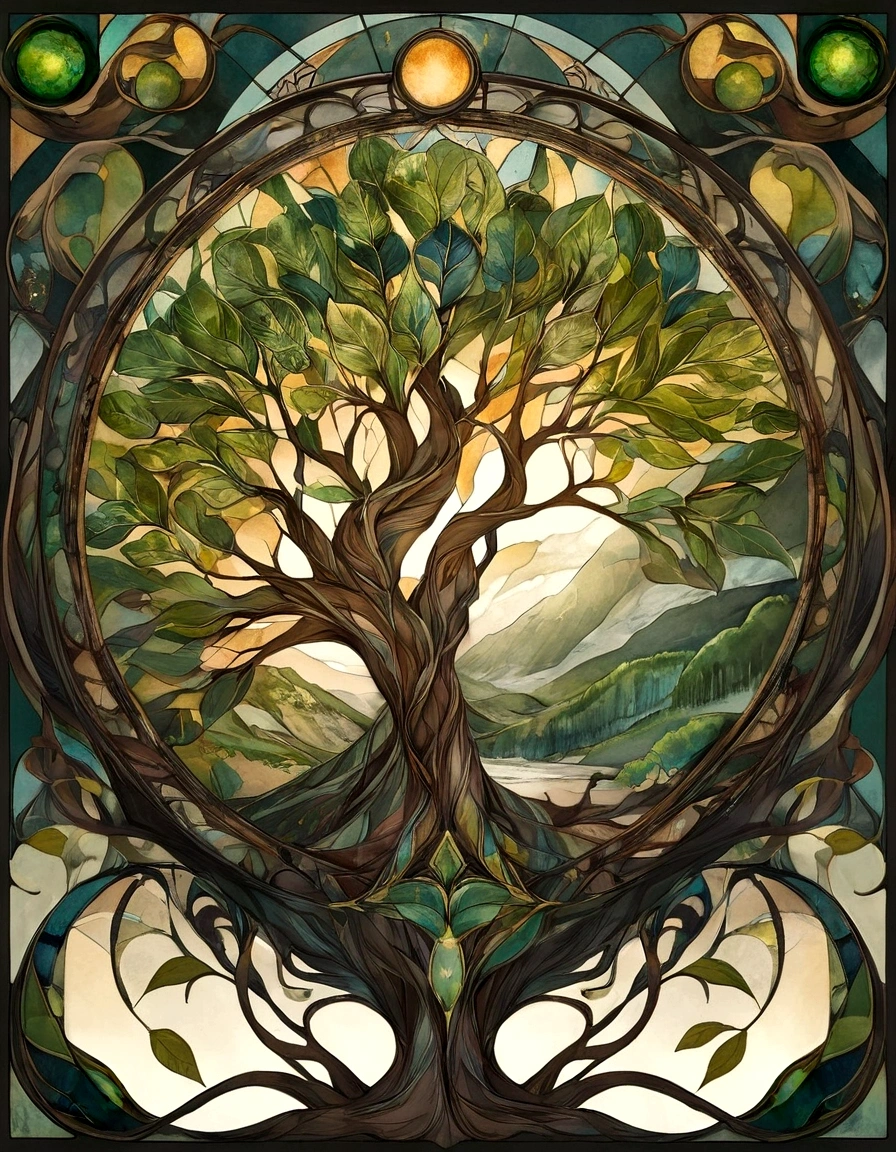 Generate an image of leaves of the earth element, not maps or globes. An stained glass illustration.