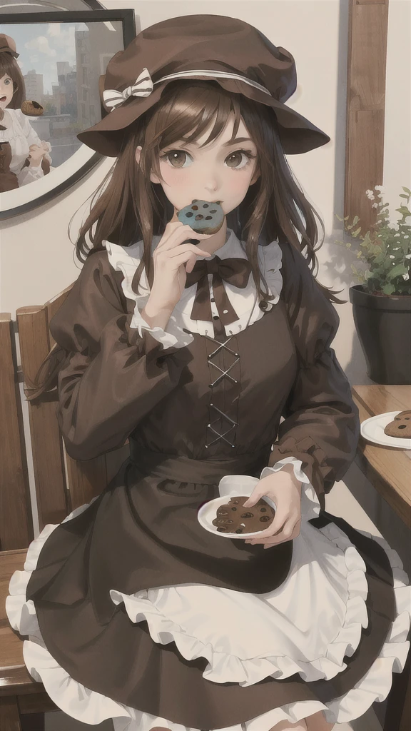 absurdres, best quality, 1girl, solo, looking at viewer, eye focus,  LucoaDM, CasualCL, eating cookie,brown hat,frilly brown hair,brown eyes,brown lolita dress,