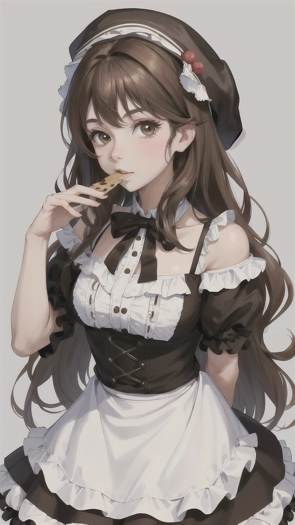 absurdres, best quality, 1girl, solo, looking at viewer, eye focus, LucoaDM, CasualCL, eating cookie,brown hat,frilly brown hair,brown eyes,brown lolita dress,