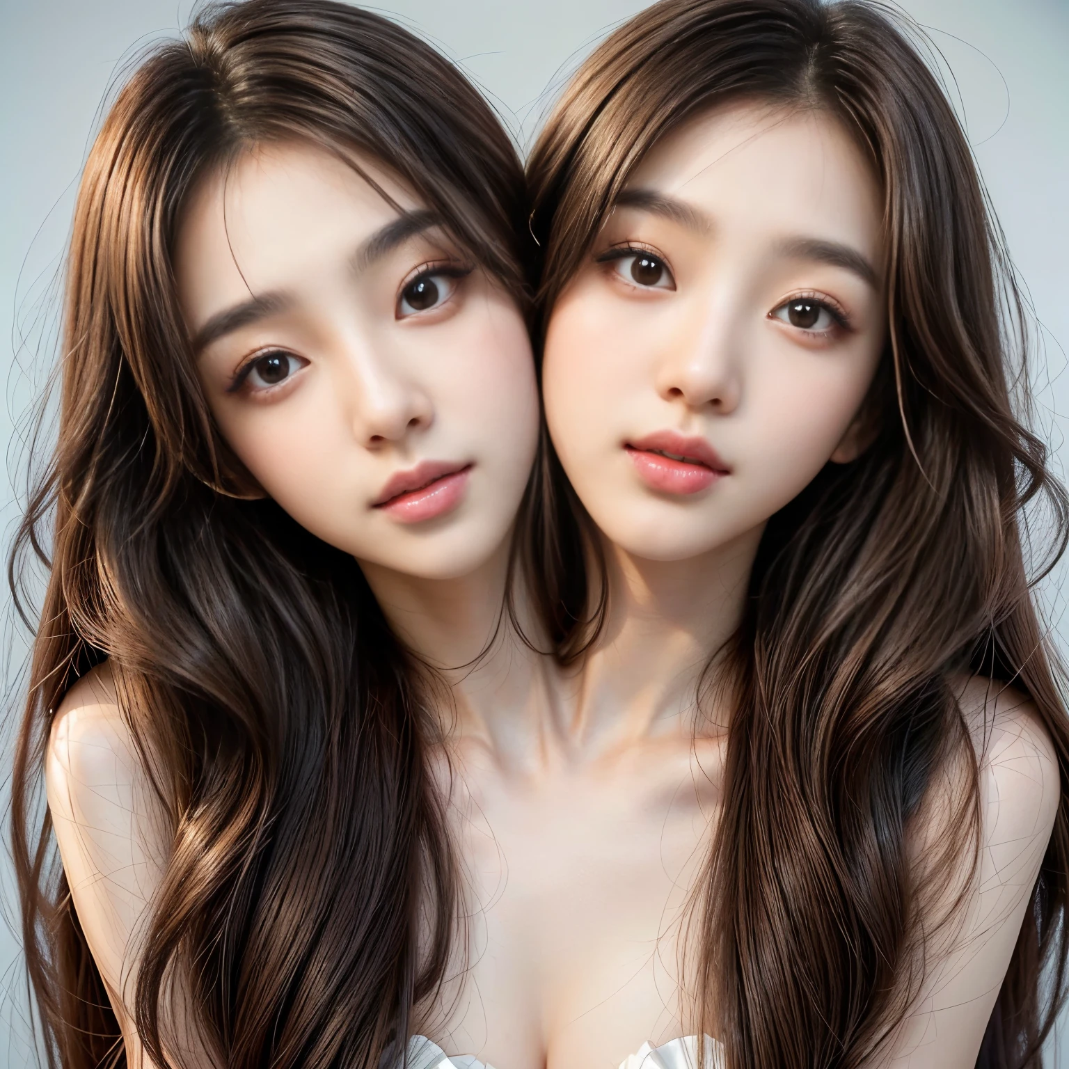 (2heads:1.2), princesses, tiaras, two asian women with long brown hair posing for a picture, beautiful gemini twins portrait, beautiful gemini twins, with a twin, two girls, two beautiful anime girls, beautiful highly symmetric faces, ulzzang, sisters, korean symmetrical face, siamese twins, beautiful sci - fi twins, brown long and straight hair, popular south korean makeup