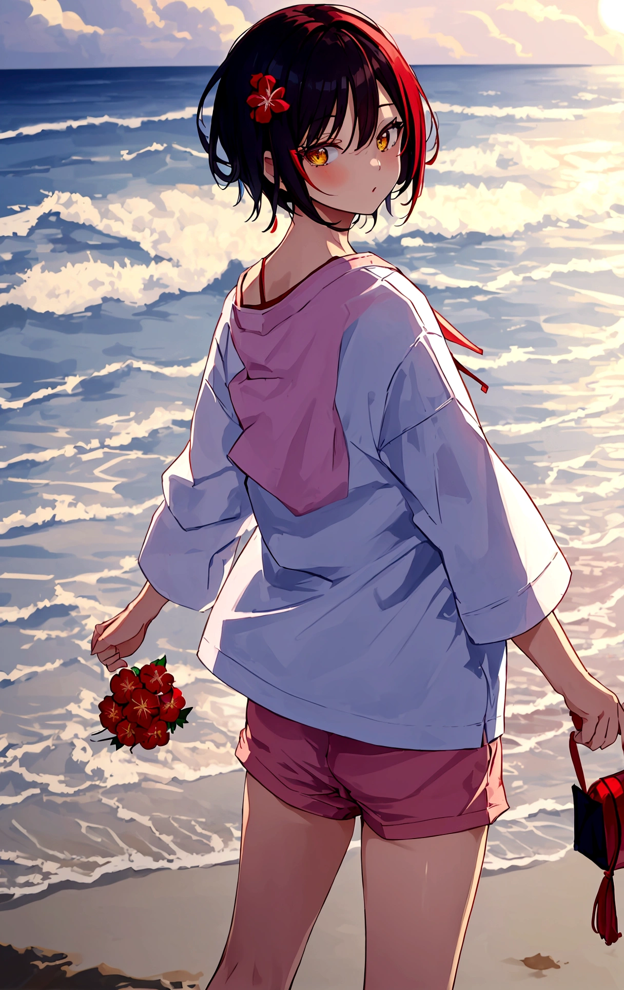 A Japanese woman is standing on a sandy beach at dusk, wearing pink underwear that is faintly visible on the back of her T-shirt. She has short hair, and is posed in an animated image with her hair combed with her hands and her face slightly tilted as if she is looking back.
Short black hair, red flower hair ornament, yellow eyes