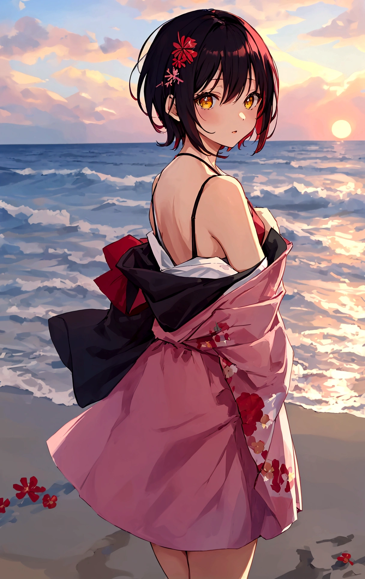 A Japanese woman is standing on a sandy beach at dusk, wearing pink underwear that is faintly visible on the back of her T-shirt. She has short hair, and is posed in an animated image with her hair combed with her hands and her face slightly tilted as if she is looking back.
Short black hair, red flower hair ornament, yellow eyes