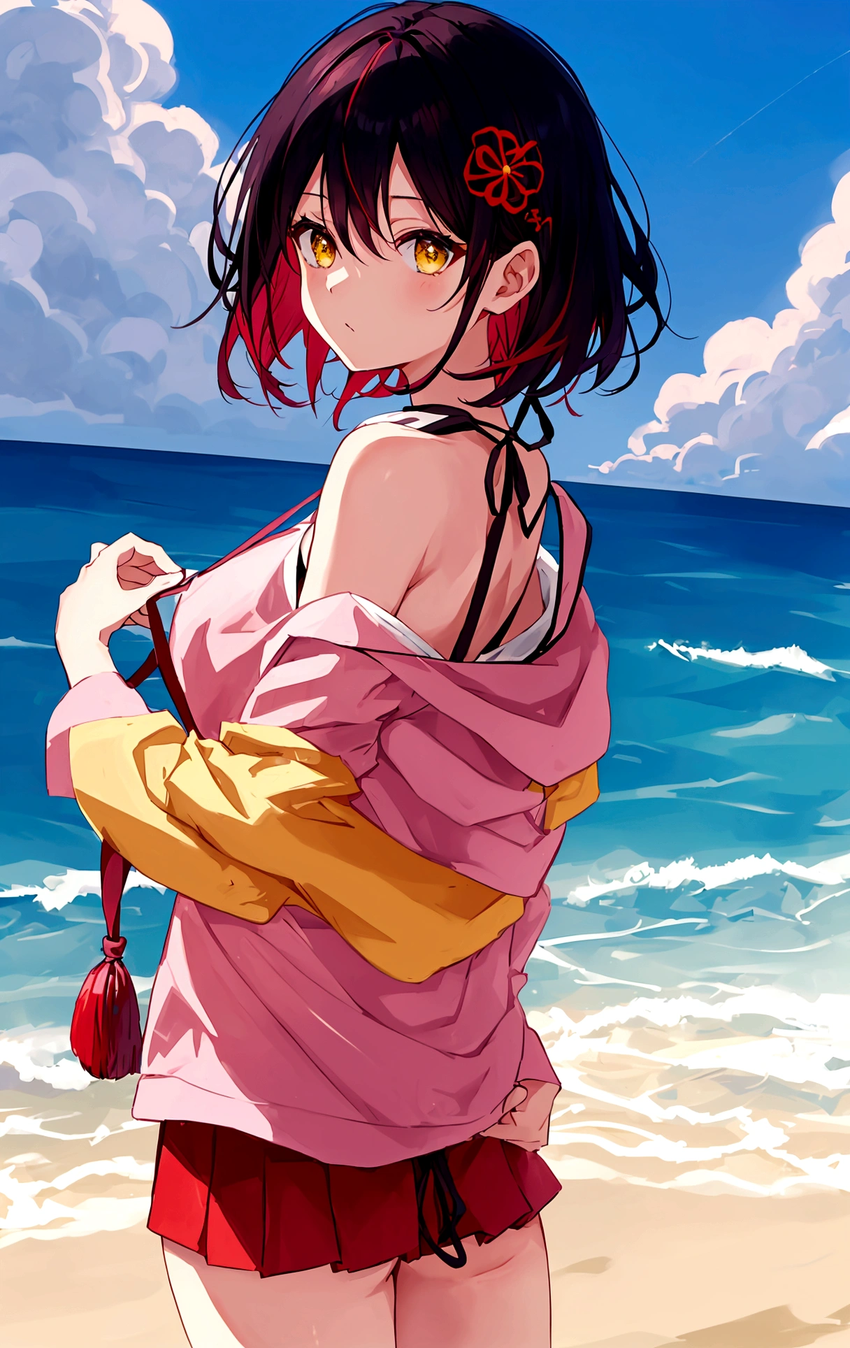 A Japanese woman is standing on a sandy beach at dusk, wearing pink underwear that is faintly visible on the back of her T-shirt. She has short hair, and is posed in an animated image with her hair combed with her hands and her face slightly tilted as if she is looking back.
Short black hair, red flower hair ornament, yellow eyes
