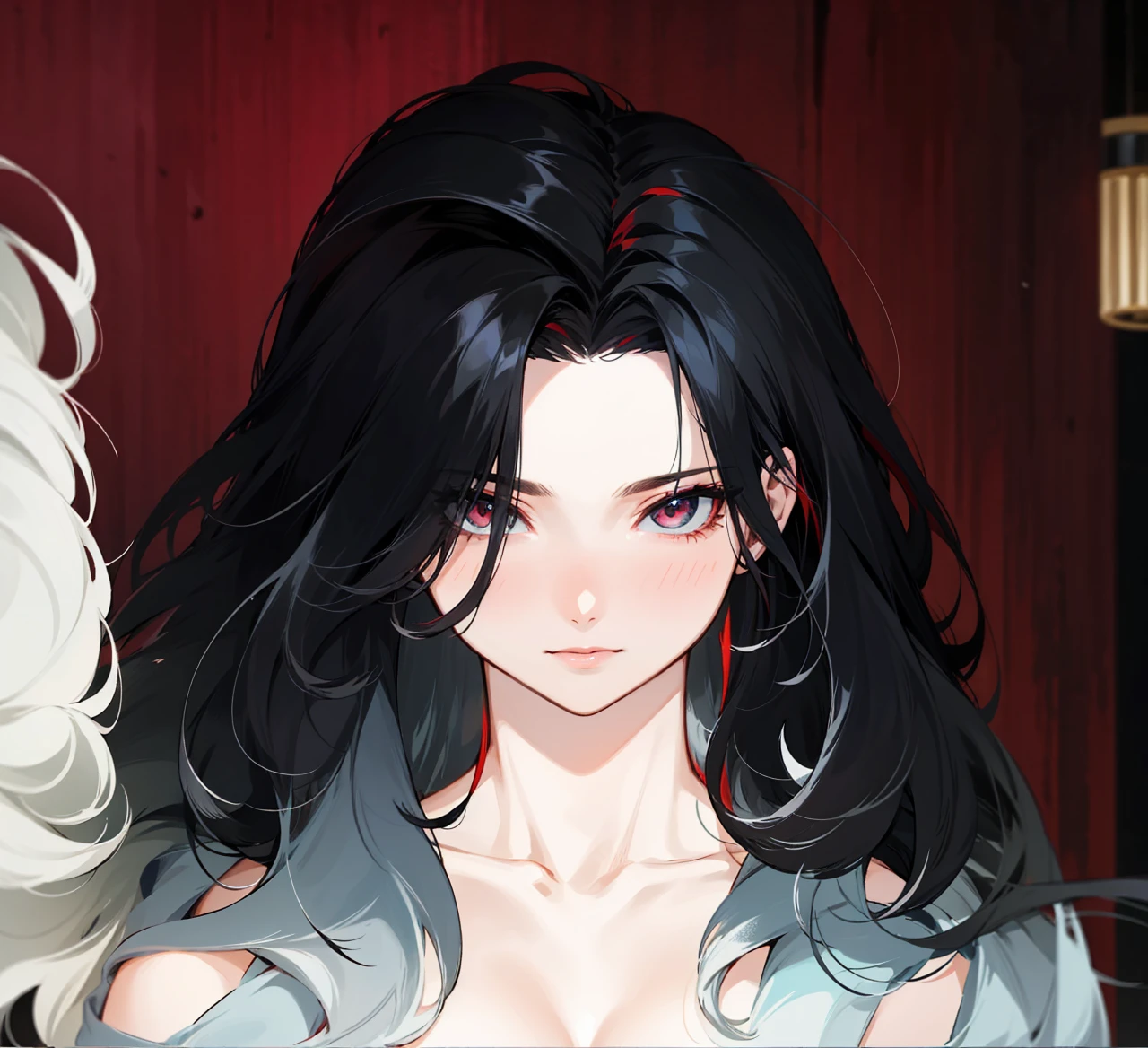 her hair is black and white, it is mix with curly and straight hair, add in some red streaks.