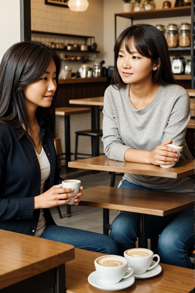 Woman sitting and talking with close friend at coffee shop Close friends try to encourage and support. Tell her to be strong and move forward. Min started to feel a little better.