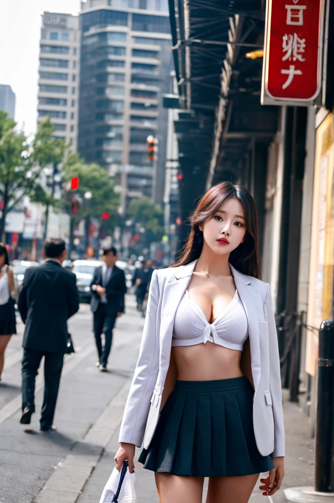 a 17 year old girl, she is the most beautiful actress in the world, the perfect body proportions of this girl, the skin of her upper body is 100% covered by shirt under blazer that is formally buttoned up on her waist, her large breasts are indirectly appealed it's bulge with unexposing it's skin, the panties between her bare legs are hardly covered by short skirt, only, she is standing at the city street, only one description of one body, it's from right above her head to right below her knees are within frame, all her body is looking forward to viewer, nsfw, best quality, highly detailed, masterpiece, ultra high res, photo realistic, 8k, RAW photo