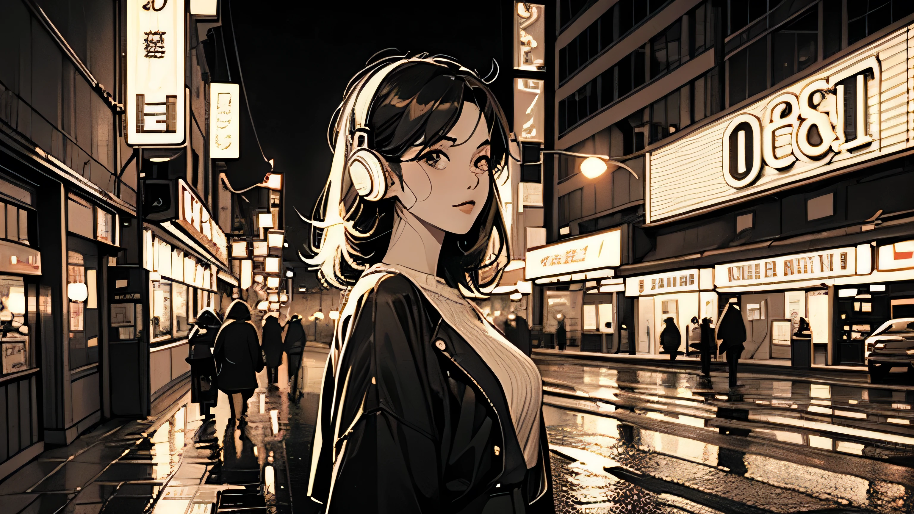 Retro night city, neon signs, road surface after rain, 80s fashion girl with headphones, sepia tone, soft light, nostalgia, urban night, 8-bit style pixel art elements, film grain effectYokohama night view in the background