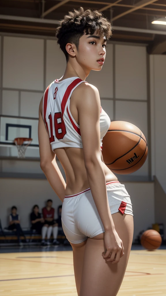 (RAW photo, 4k, masterpiece, high resolution, extremely complex) (realistic: 1.4), cinematic lighting
1 young man having long legs, thick thighs, large hips, thin and narrow weist, big male reproductive organs, very small spikey boyish haircut,, Solo Focus, Summer Noon, Hot, 1990s\(Style\), (Best Quality), (Highres), (an Extremely Delicate and Beautiful),,(Beautiful 8k face),(Brown eyes),(ulzzang-6500:1.0),(solo),(Looking side),( spectators),(large breasts),(NBA),bent over,,lookside,(side), ,(Basketball sportswear),((Play basketball)),((gymnasium)),((speed)),(reality), man, man, shaved , hot male 