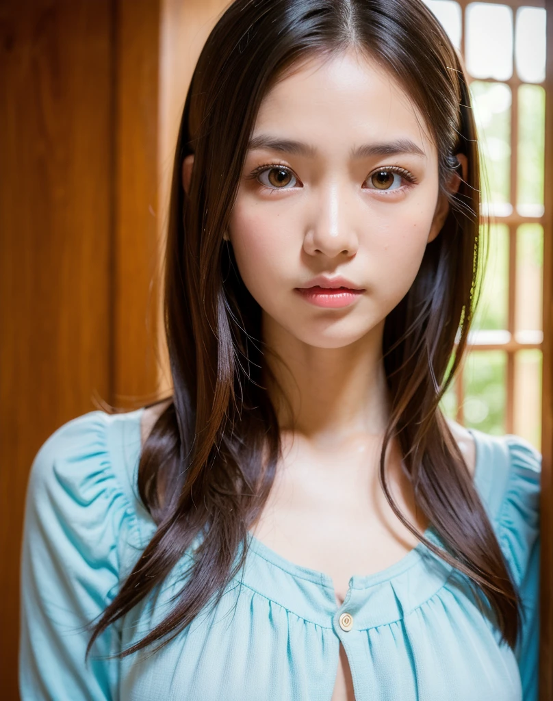 best quality, face focus, soft light, ultra high res, (photorealistic:1.4), RAW photo,
1japanese girl, solo, cute, (pupil, lights in the eyes),  detailed beautiful face, (small chest),(high resolution detail of human skin texture),
(long hair),
indoor,
Damask Shirt Dress,
(portrait)