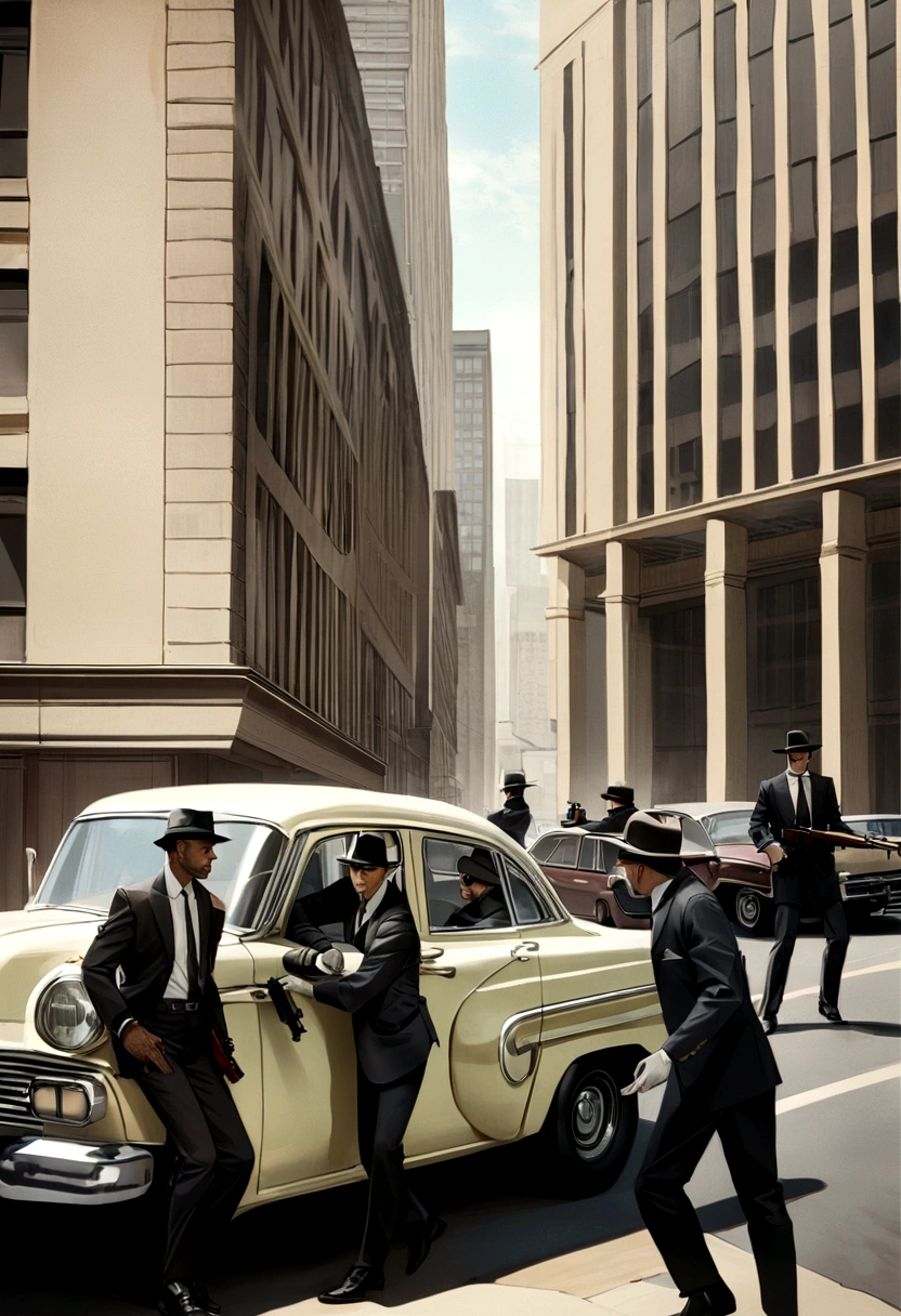 Cinematic image, 真实感, bank robbery, team of five armed men, Thompson machine guns, automobile, The 70&#39;s, large building,  Chicago Central Bank robbery, the mint or central bank, explosive scenario.