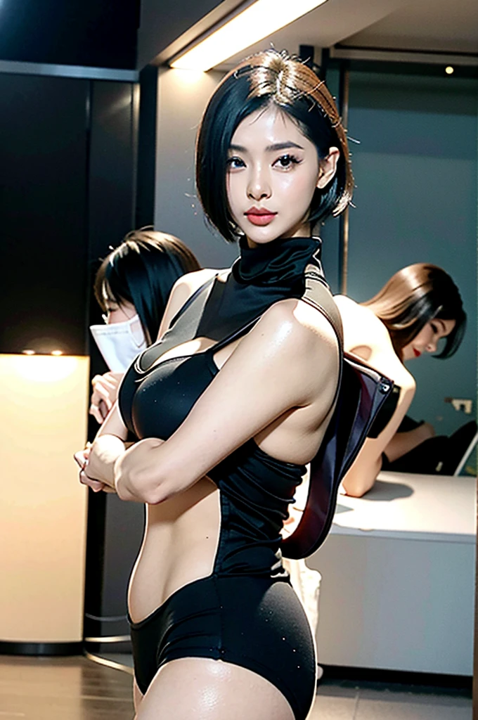 Elegant woman，黑色short hair，A perfect and cool face，180cm，Delicate face, Beautiful lips, Surrealism, Reality, woman, Perfect face, Delicate face, 8K picture quality, 4k picture quality, High Detail Skin, Large Breastss, High quality dark light, Smile, Large Breasts, Open your heart, Thick thighs，Tall，tall，Fat buttocks，Big Ass，Abdominal muscles，Abdominal muscles，Black tights，Sportswear，Smooth，curve，masterpiece，Black Hair，short hair，front，Mature woman，30 years old，Healthy complexion