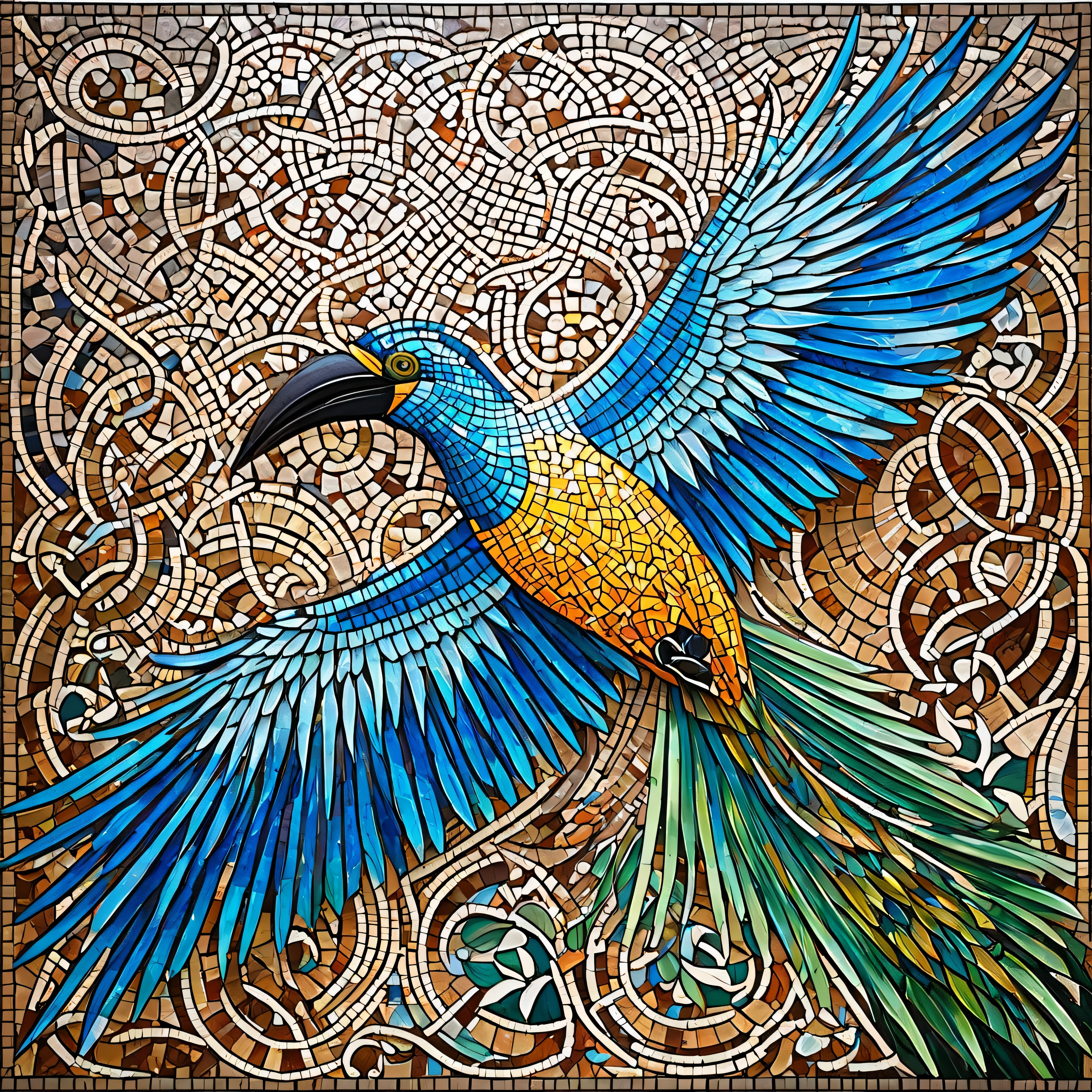 mosaic art, mosaic inspired image designs with intricate tile patterns, battles with super big birds of paradise
