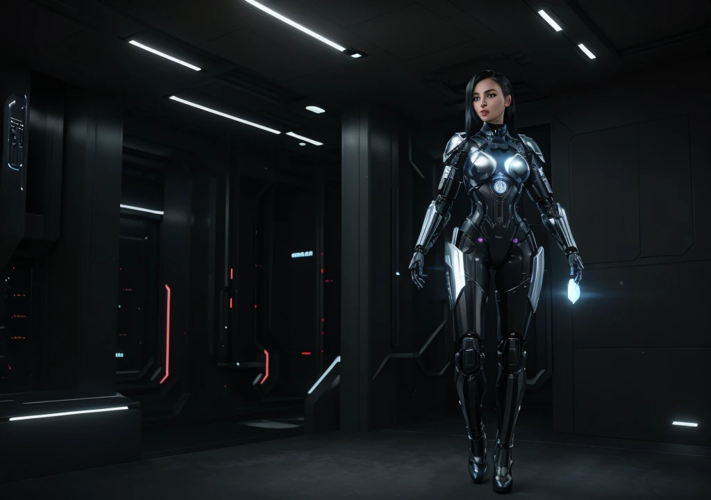 ```
Positive prompt: "Create a full-body image of a futuristic female cyborg with an elegant and sophisticated design. She is an adult woman, exuding both strength and grace. Her overall appearance should blend advanced technology with human-like features. Her body is a seamless integration of sleek metallic components and organic elements, showcasing advanced cybernetic enhancements. She is facing forward, and her entire body, including both arms and legs, is visible from head to toe.
Her facial features are refined and expressive, with lifelike eyes that convey intelligence and depth. Her hair, though artificial, has a realistic and stylish appearance, possibly incorporating metallic strands or futuristic elements.
Her attire should be a combination of futuristic armor and stylish clothing, reflecting her advanced nature. The design should highlight her agility and power, with sleek lines and a streamlined silhouette. Consider incorporating elements such as illuminated circuits, advanced interfaces, or holographic displays integrated into her outfit.
The color palette can include metallic silvers, deep blues, and hints of neon accents. The background should be a dark, futuristic interior with soft, ambient lighting to emphasize the advanced technology. The overall style should be hyper-realistic with intricate details.
Ensure the image shows her full body from head to toe, with both arms and legs clearly visible. Use a portrait aspect ratio to capture the entire figure. Specify 'full body shot' and 'entire body' to emphasize the need for a complete view. Make her appearance more mechanical and robotic, with visible gears, wires, and metallic textures throughout her body. Include details about her shoes or feet, such as 'wearing sleek metallic boots'."
Negative prompt: "cropped, out of frame, deformed, disfigured, poorly drawn face, poorly drawn hands, poorly drawn feet, blurry, low quality, bad anatomy, missing arms, missing legs, extra limbs, extra arms, ext