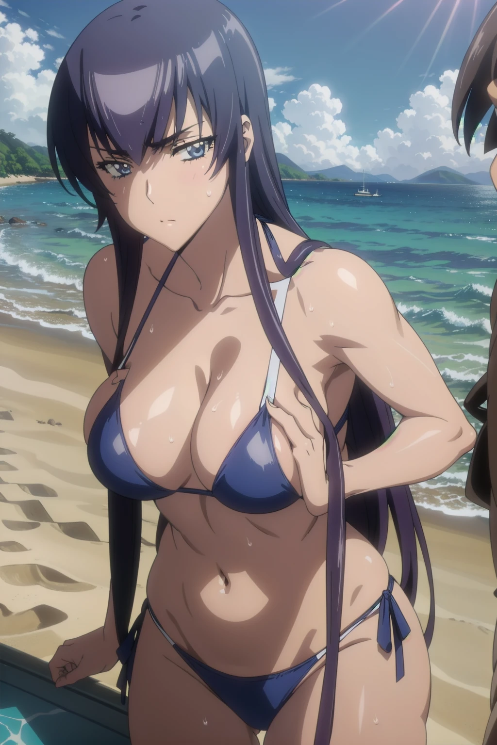 (((pixel-perfect, detail-perfect))), solo, 1girl,saeko busujima, v-shaped eyebrows,looking at the viewer, blue theme, blue background, cloudy sky, sunlight, sweat, orgasmic, bikini swimsuit, (large breasts:1.5), cleavage, belly button exposed, collarbone, thighs, sea and beach,