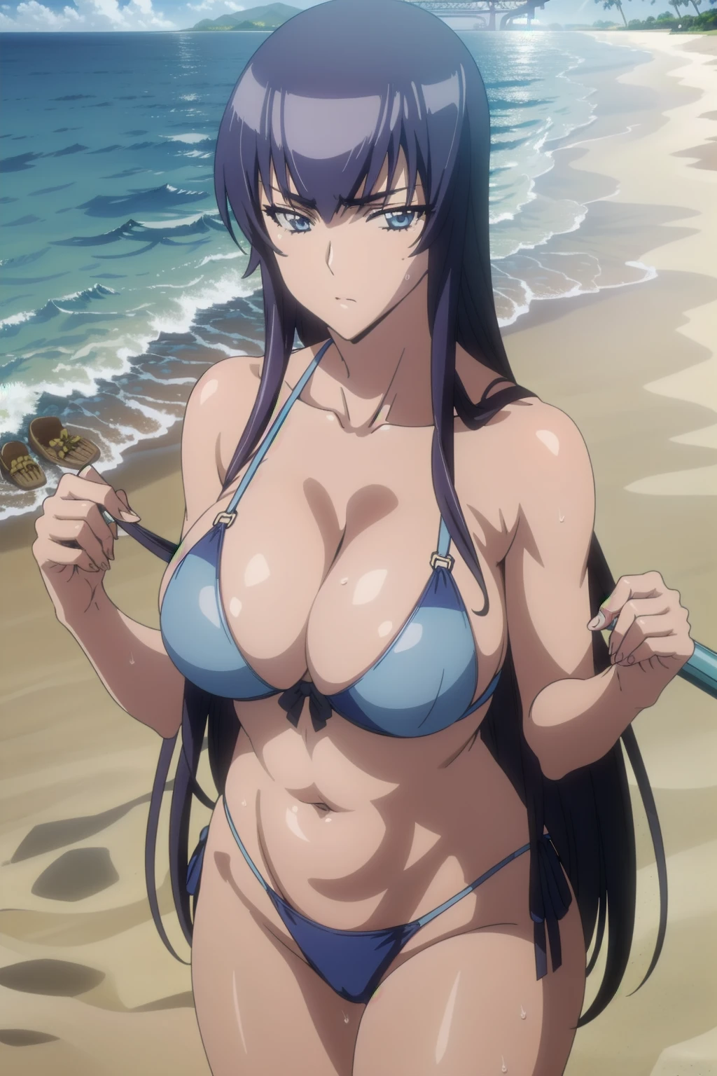 (((pixel-perfect, detail-perfect))), solo, 1girl,saeko busujima, v-shaped eyebrows,looking at the viewer, blue theme, blue background, cloudy sky, sunlight, sweat, orgasmic, bikini swimsuit, (large breasts:1.5), cleavage, belly button exposed, collarbone, thighs, sea and beach,