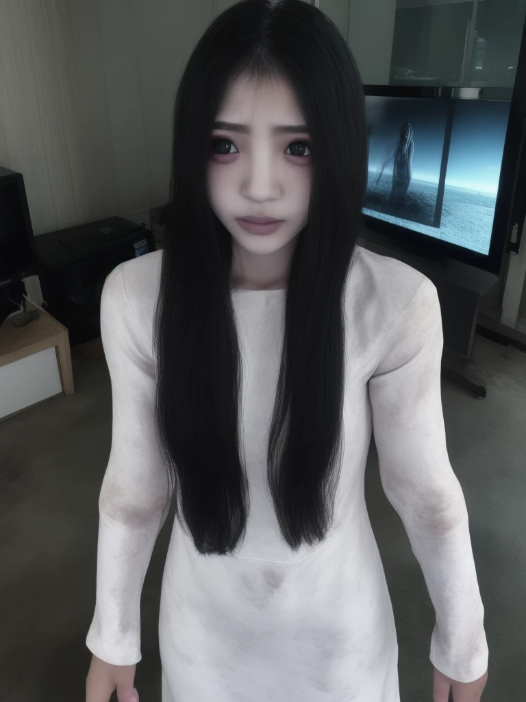 ((1girl)), Sadako, soaking, wet robe, gray colored skin, Hair covers the face, ((sexy for Sadako crawled out of the TV))，((A ghost woman lying on the floor in front of the TV)), japanese horror, style of hajime isayama, japanese horror movie footage, Junji Ito 4K, japanese pop surrealism, (big breast:1.3). (((oral invitation))). ((pov deepthroat, pov blowjob, side deepthroat, side blowjob, creampie, cumshot, on kness)), (open mouth), ((a man legs))