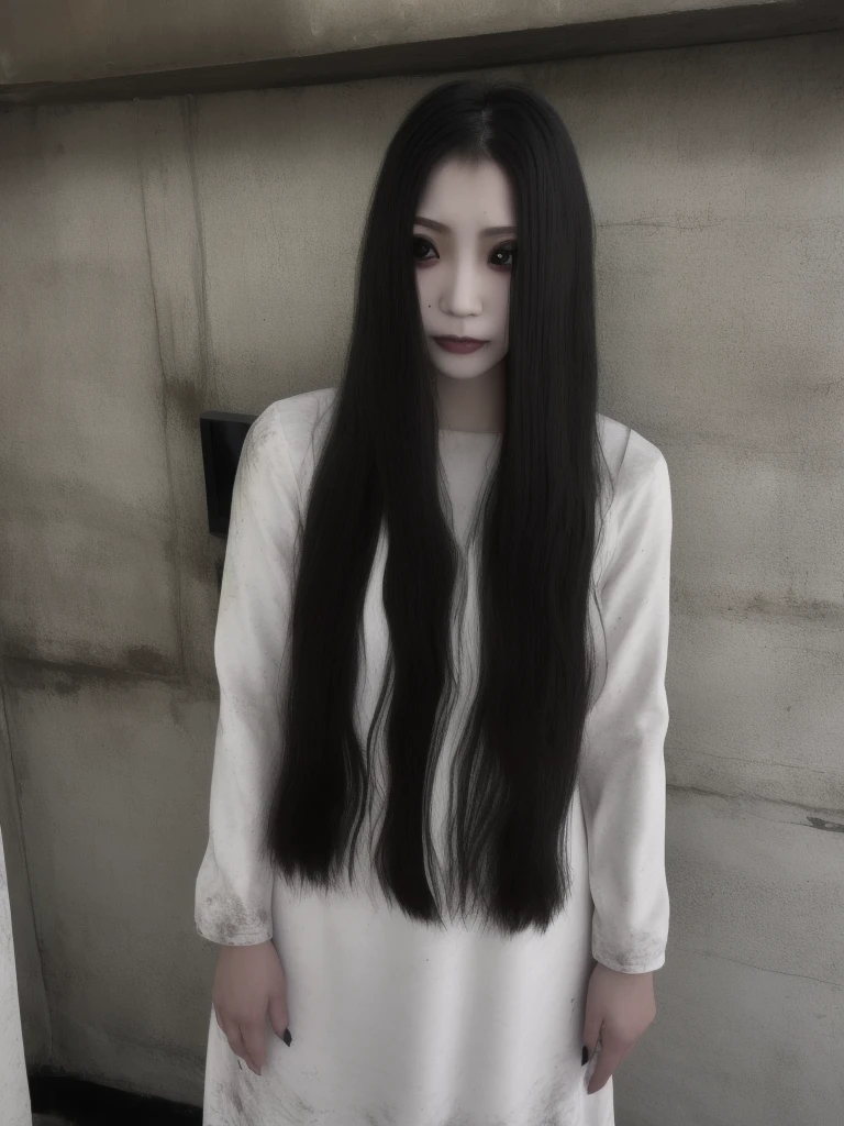 Sadako,  long black hair, facing viewer,  pale skin, hair over eyes,
White dress, long sleeves ,dirty clothes,     
solo, standing,  short, 
dark room, large TVs,    
(insanely detailed, beautiful detailed face, masterpiece, best quality)  