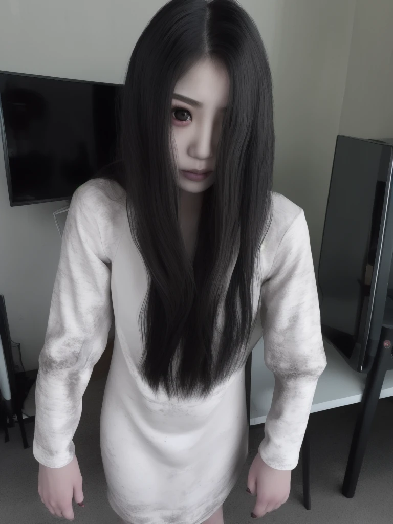 Sadako,  long black hair, facing viewer,  pale skin, hair over eyes,
White dress, long sleeves ,dirty clothes,     
solo, standing,  short, 
dark room, large TVs,    
(insanely detailed, beautiful detailed face, masterpiece, best quality)  