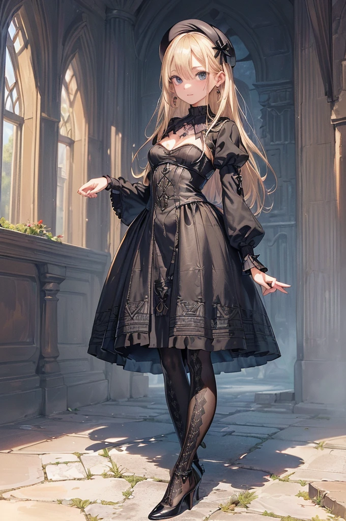 ((Biologically correct limb count))、(( From head to toe、Full-body photo including face))、4K、((Standing position))、masterpiece、((Focus on the face))、((Symmetrical facial features))、Eyes with detailed description、Beautiful woman、Great style、Beautiful arms、Beautiful legs、Beautiful Hands、(Small Ass、Thin thighs）、Facial detailing、Small earrings、necklace、(beret、Red and black leather gothic dress、((High heels、Patterned stockings))）、((Standing in front of an old castle in the daytime sun, looking up))、Silk gloves、(((Blonde)))、(Thick fog)、Realistic photo
