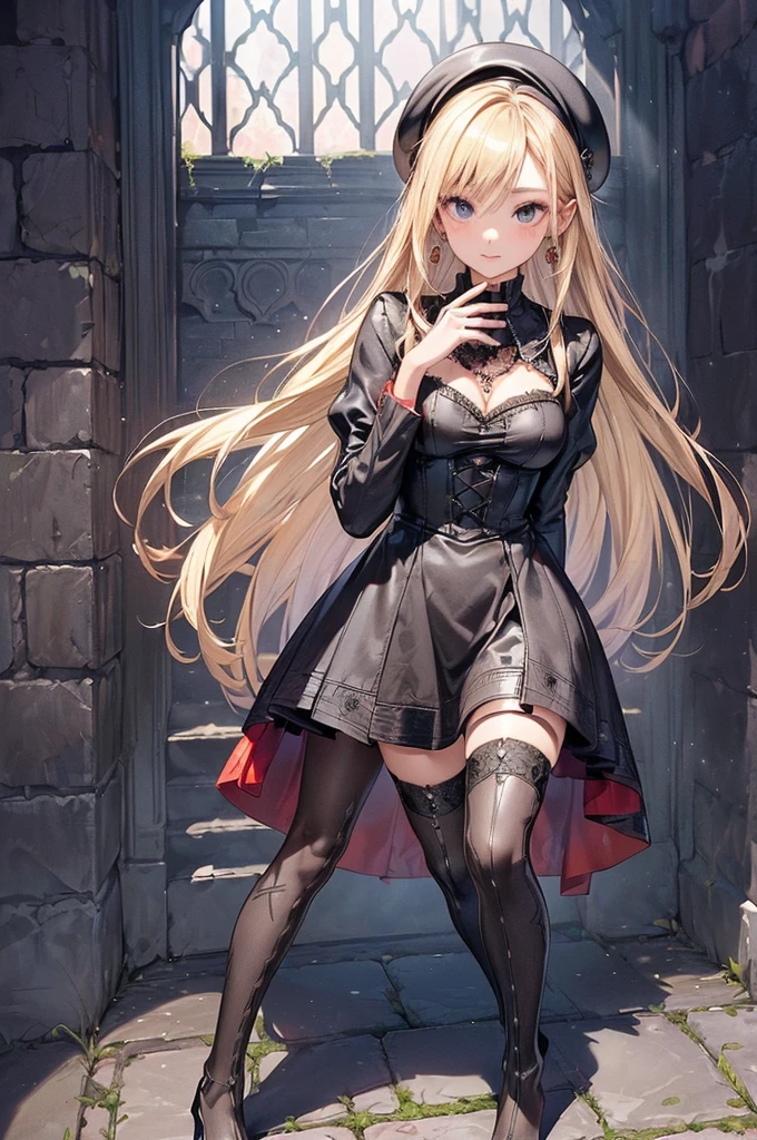 1girl, (Masterpiece:1.1), (bestbestquality:1.1), (Camisa blanca:1.1), damaged [blue colors:pink:0.5] Subject, (gradient background :1.1), Cowboy Shooting, Gothic style clothing，Black Clothing，miniskirts，Long-range shots，total body，(Golden Hair:1.2)，(hair long:1.2)，Blue eyes, elaborate headpiece, slender beautiful legs，perfect hand，Five fingers，Fair skin，Look to the side，sitting position，(Castle background:1.2)，Outdoor Outside，clear background，Bright colors