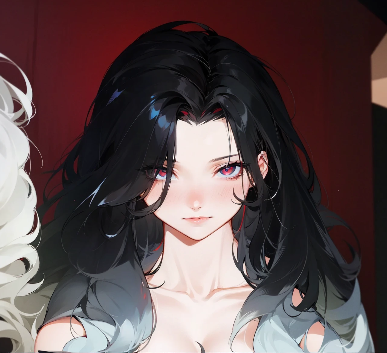 her hair is black and white, it is mix with curly and straight hair, add in some red streaks.