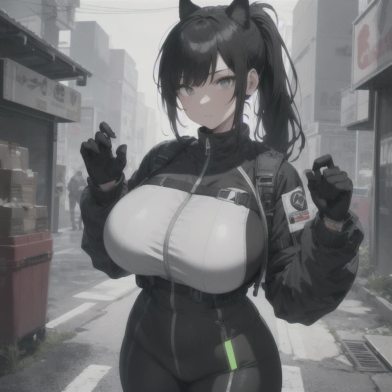 Absurd resolution,high resolution,(masterpiece: 1.4),hyper-detail,fullbody shot,full frontal camera perspective,solo,shorter,standing straight up,1 kemono feline cat woman,no skin other than neck and head shown,utility suit,black hair,messy ponytail,cute face,detailed soft grey luminous eyes,huge massive hyper super swollen heavy breasts,breasts so big that cover her whole torso and are bigger than her head while being so big they reach her belly button,extremely super large swollen perky heavy bust,super huge enormously gigantic tits,gigantic breasts stretching/straining out of her outfit looking like they are about to burst out,breasts compressed squishing barely contained in outfit,inflated breasts,breasts_expansion,super gigantic swollen heavy tits,wide full hips,narrower torso and shoulders,smaller torso,narrower waist,full thicc big soft thighs,thicc big full thighs,big rounded full soft butt,thicc butt,ruggedized utility styled outfit,fully insulated suit,full body outfit coverage with no skin showing or revealed,airtight/watertight zippers and seals,scifi monochrome black and grey fullbody covering protective padding rugged loose-fitted pilot utility suit with strategically placed protective padding,white zipped utility cropped top for breasts support with a black strap horizontal across cleavage worn on top of suit,tactical strategic angular-patterned protective padding on hips and thighs and abdomen,practical/functional clothing,weather-proof durable clothing material,nylon clothing material,custom made clothing to fit and support large breasts,scifi padded rugged rigid high collar cropped cutout fitted techwear jacket,armored high collar,white and black triangular decals and techwear iconography on apparel and clothing,techwear gloves,arm mounted strapped display scifi tablet/communication device/computer,ruggedized tech,ruggedized tech aesthetic,fitted utility pants,utility chaps,near future scifi,cyberpunk aesthetic,anime aesthetic,tactical aesthetic