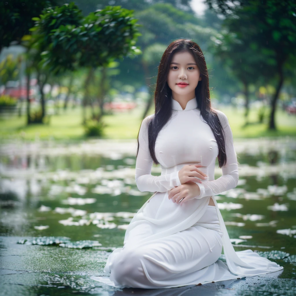 big breasts, round breasts, wearing bra inside ao dai, slim figure, beautiful figure, big breasts, long straight hair, ((sharp 8k quality photo)), ((details of beautiful, sharp face, face balanced) cho)), ((beautiful breasts, exposed cleavage, plump body), (( beautiful sparkling eyes, sharp eye details, beautiful face, balanced eyes)), (( sitting in the rain full body, wet ao dai revealing chest in the rain)), ((super beautiful body with high details, tight body with bust and slim waist)), ((round breasts, exposed chest, tight topless chest, nude, naked, no shirt)), ((it was raining heavily, there was no sunshine))