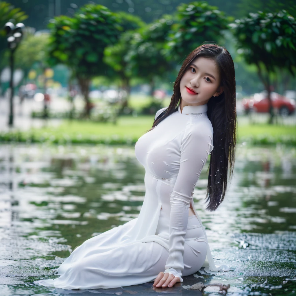 big breasts, round breasts, wearing bra inside ao dai, slim figure, beautiful figure, big breasts, long straight hair, ((sharp 8k quality photo)), ((details of beautiful, sharp face, face balanced) cho)), ((beautiful breasts, exposed cleavage, plump body), (( beautiful sparkling eyes, sharp eye details, beautiful face, balanced eyes)), (( sitting in the rain full body, wet ao dai revealing chest in the rain)), ((super beautiful body with high details, tight body with bust and slim waist)), ((round breasts, exposed chest, tight topless chest, nude, naked, no shirt)), ((it was raining heavily, there was no sunshine))