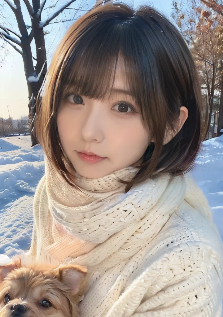 Being with a dog、A girl and a dog warming themselves by a bonfire、Lens flare、Hair blowing in the wind、Medium Short Hair、Fluffy scarf、Expressing the whiteness of one's breath、Photo from the waist up、Night city illumination shot、Cowgirl Shot、Fur coat、豪華なグレーのミンクのFur coat、Wear fine leather boots、Luxury Bags、Inner turtleneck、Silver necklace and small silver earrings Millionaire style:1.4))、Full body photo、smile、 Caustics、Highly detailed photos、Very beautiful woman 、Ample breasts、No makeup、(8K、RAW Photos、Highest quality、masterpiece:1.2)、(Realistic、Realistic)、1 Girl、((Medium Short Hair、Midwinter、Cold region Snow falling、The wind is blowing、Fluttering Hair、Blur the background、Colorful illuminations、Looking into the camera:1.4))、