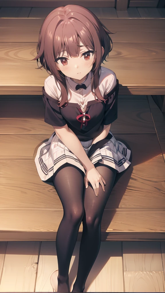 Highest quality, masterpiece, High resolution, (Head to Toe full body), front, frontやや下からの構図, Symmetric, Tall 18 year old girl, alone, (Head to Toe), (Small breasts), disheveled brown hair, bangs, (black tights), (Black Pantyhose), (Sit with your legs apart), (Crouching pose), (A composition showing white panties), (She has her legs spread and her white panties are visible.), (Sit on the floor with your legs spread), (M-shaped foot), Thin legs, とても美しくTall 18 year old girl, (No shoes), blush, Shy big eyes, Looking into the camera, Blazer Uniform, Checkered Pleated Skirt、Madoka Higuchi