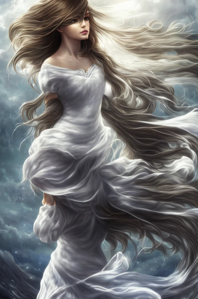 Masterpiece, (front focus), Surreal woman image, fantasy art, realism, dynamic light, art station, poster, Volumetric light, Highly detailed face, black and fluffy eyes, sparkling student,4K, won, 1 woman, speak little,full body shot, (Formal costume: 1.4,White lace dress), street light, dark brown hair,