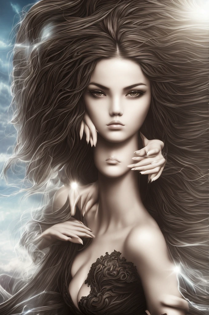 Masterpiece, (front focus), Surreal woman image, fantasy art, realism, dynamic light, art station, poster, Volumetric light, Highly detailed face, black and fluffy eyes, sparkling student,4K, won, 1 woman, speak little,full body shot, (Formal costume: 1.4,White lace dress), street light, dark brown hair,