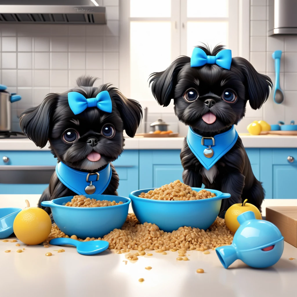2 Adorable small black Shih Tzu puppies wearing blue collars playing, making a food mess in Disney kitchen 3d cartoon, 3d render, disney pixar style