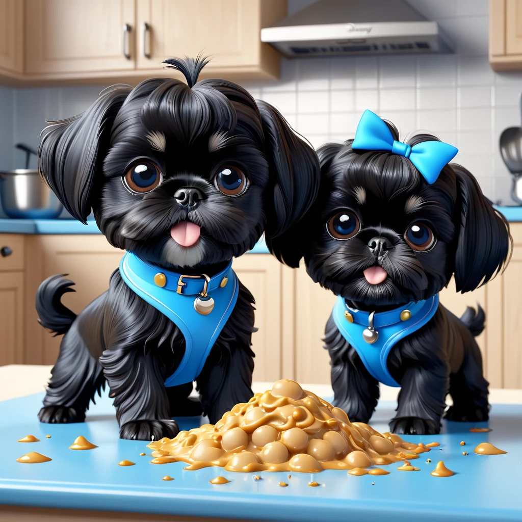 2 Adorable small black Shih Tzu puppies wearing blue collars playing, making a food mess in Disney kitchen 3d cartoon, 3d render, disney pixar style