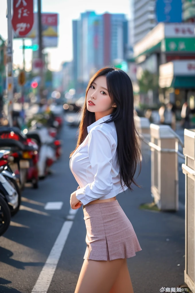 a 17 year old girl, she is the most beautiful actress in the world, the perfect body proportions of this girl, the skin of her upper body is 100% covered by shirt under blazer that is formally buttoned up on her waist, her large breasts are indirectly appealed it's bulge with unexposing it's skin, the panties between her bare legs are hardly covered by short skirt, only, it's only one description of one body, it's from right above her head to right below her knees are within frame, all her body is looking forward to viewer, she is standing at the city street, nsfw, best quality, highly detailed, masterpiece, ultra high res, photo realistic, 8k, RAW photo