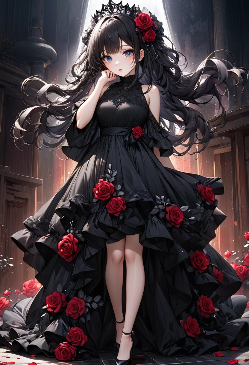 Full Body View, Elevation, Beautiful attention to detail, Beautiful lip detail, Highly detailed eyes and face, Long eyelashes, beautiful and cute young girl, Princess of the Underworld, dark表情, Depressed face, look up, Put your hand over your mouth, White and black gradient hair, Through the bangs, Flowing Hair, Decorated with red and black roses黒人の薄いベール, Decorated with red and black roses、Very beautiful black dress, dark地下世界の背景, (Highest quality,16K,High resolution,masterpiece:1.2),Super detailed,(Ultra-realistic,Photorealistic:1.37),High resolution,超High resolution,Studio Lighting,Ultra-fine painting,Sharp focus,Physically Based Rendering,Very detailed explanation,Professional,Vibrant colors,Japanese anime style,Dramatic lighting,Chiaroscuro,mysterious,melancholy,dark,Surreal,Fantasy