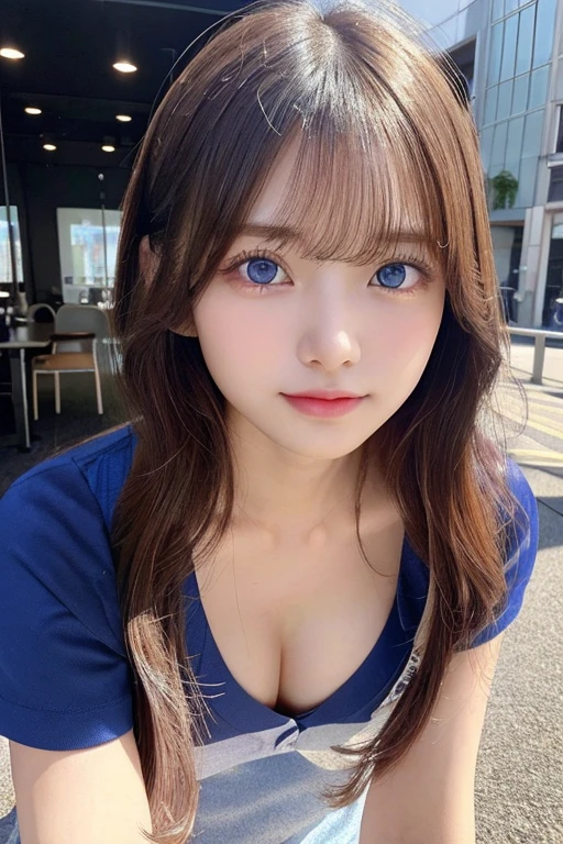 (Full body photo)、 girl), (Perfect hands:1.2), (Perfect Anatomy:1.2), (Highest quality:1.3), (masterpiece:1.3), (Very detailed:0.8), 18-year-old, Perfect Face, Cute and symmetrical face, Baby Face, Pink Lips, (:1.1), High resolution, 8K, Happy, charm的な (toru asakura: 1.3), (Beautiful Face: 1.1), beautiful girl, cute, charm, beautiful detailed 顔, blue eyes, detailed 目s, Sparkling eyes, charm的な目の反射, Sparkling eyes, Pupil depth and three-dimensional effect, Detailed skin, Shiny skin, office、Small Head,(((Small breasts)))、Large T-shirt、She is leaning forward and her breasts are visible、Erect nipples are visible