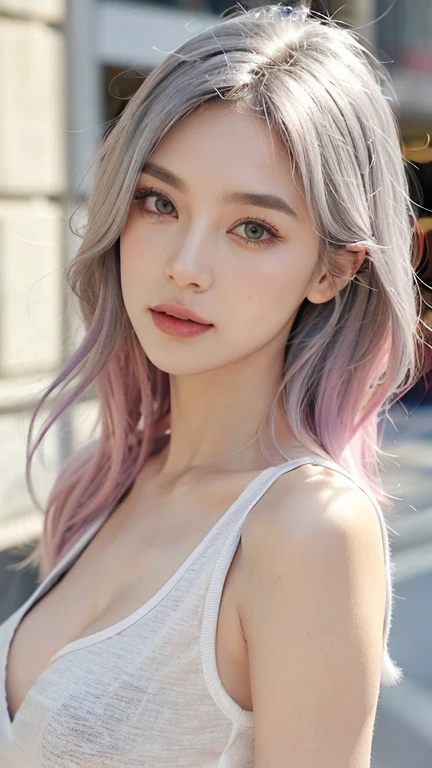 best quality, Ultra-high resolution, actual, 1 girl, silver hair, Medium long hair, Color Tips, Gray eyes, sleeveless tops, Low-cut tops, Huge breasts, cleavage, whole body, White sneakers, looking at the audience, short hair, colorful hair, Parted bangs, open lips, Pink hair, portrait, red eyeliner, red lips, alone, white jacket, afternoon, Sunlight, department store, City Streets

 