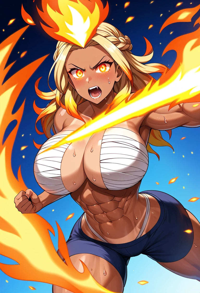 Prompt
detailed illustration, (front view), (side view),dynamic angle, ultra-detailed, illustration, clean line art, shading, anime, detailed eyes, detailed face, beautiful face, dramatic lighting, detailed illustration, dynamic angle, ultra-detailed, illustration, single woman
Fit, toned abs, muscular abs, detailed abs, ((volleyball shorts)), ((fundoshi breast wrap)), big round ass, big tits, caramel tan skin, dark skin tone, wide hips, narrow waist, thunder thighs, (blazing blonde hair), (glowing eyes), glowing sclera, muay thai wraps, strong biceps, sweat, ((bandaged breasts)), flaming hair, hair is fire, flames rolling down skin, clothes catching on fire, embers, sweats fire, sweat is fire, tan lines, Hispanic, Latina, tight pants, bandage wrapped around chest, brown skin, angry, mad, yelling, fists on fire, fighting, fire, flaming fists, fire shooting out of eyes, sweating fire, sweat’s little embers, massive breasts, big tits, , bubble butt, massive ass, flames in hair, hair on fire,