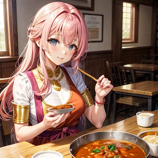 Pink-haired goddess eating curry Indian traditional clothing Isekai Cafeteria ナンがある