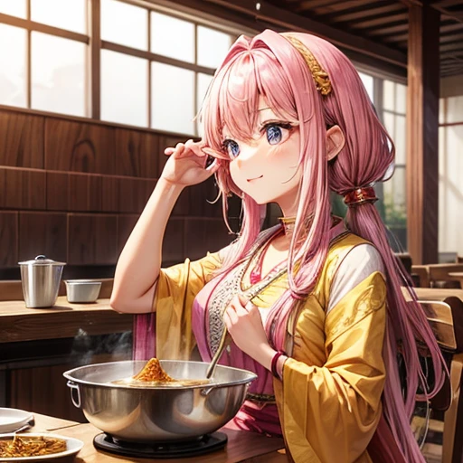 Pink-haired goddess eating curry　Indian traditional clothing　Isekai Cafeteria　ナンがある