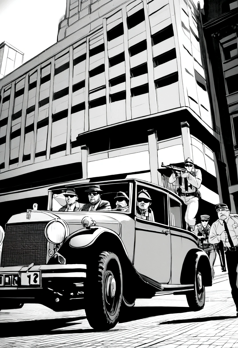 Cinematic image, 真实感, bank robbery, team of five men armed with Thompson submachine guns, automobile, The 70&#39;s, large building, Chicago Central Bank robbery, the mint or central bank, explosive scenario, gunfire, monochrome.
