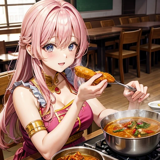 Pink-haired goddess eating curry　Indian traditional clothing　Isekai Cafeteria　ナンがある