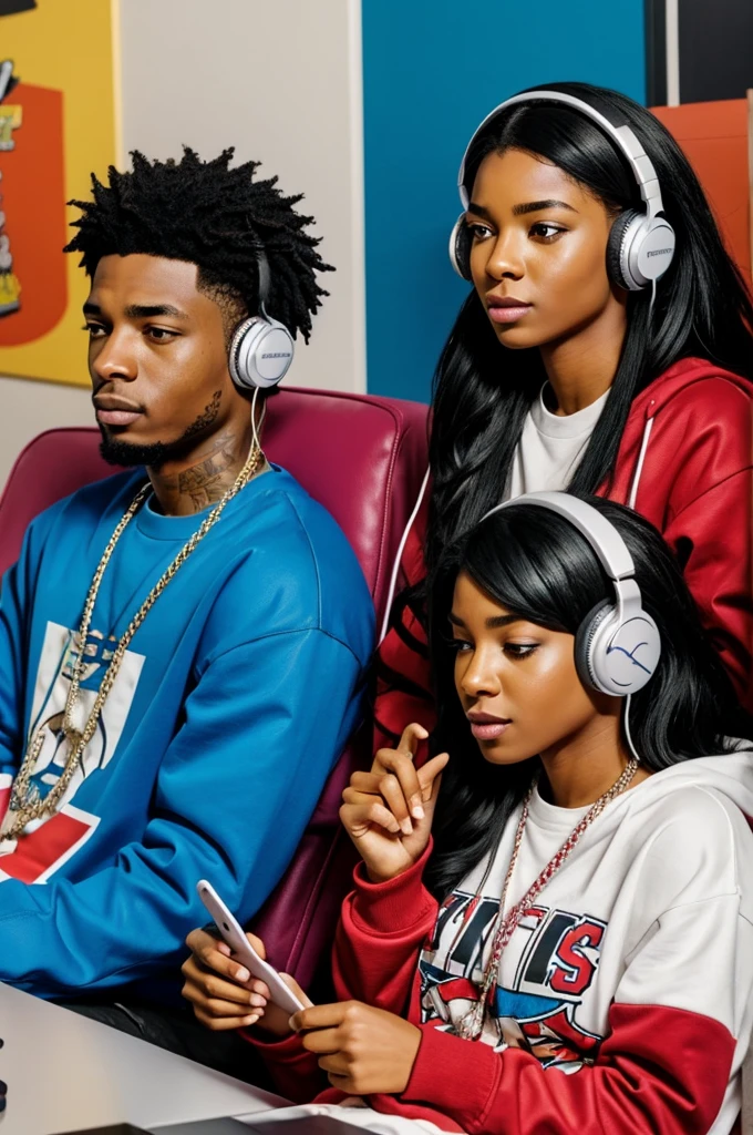 Boyfriends man and woman both rappers andegraund listening to music with shared cable headphones,in hyperrealistic andegraund comic in 23k.