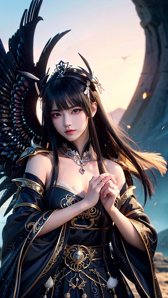 ((high quality, cinematic, best quality, extreme details, masterpiece detail eyes, Oriental fantasy background)), night, Dark clouds (Many lightning bolts) Black phoenix wings (peafowl), noble, grace, beauty, cold , Queen, beauty的女孩 (Oriental female surnames), eyes closed (Thoughts), (Black) Oriental Clothing, Upper body 8k, Shoulder (Black feather cloak), On the shore